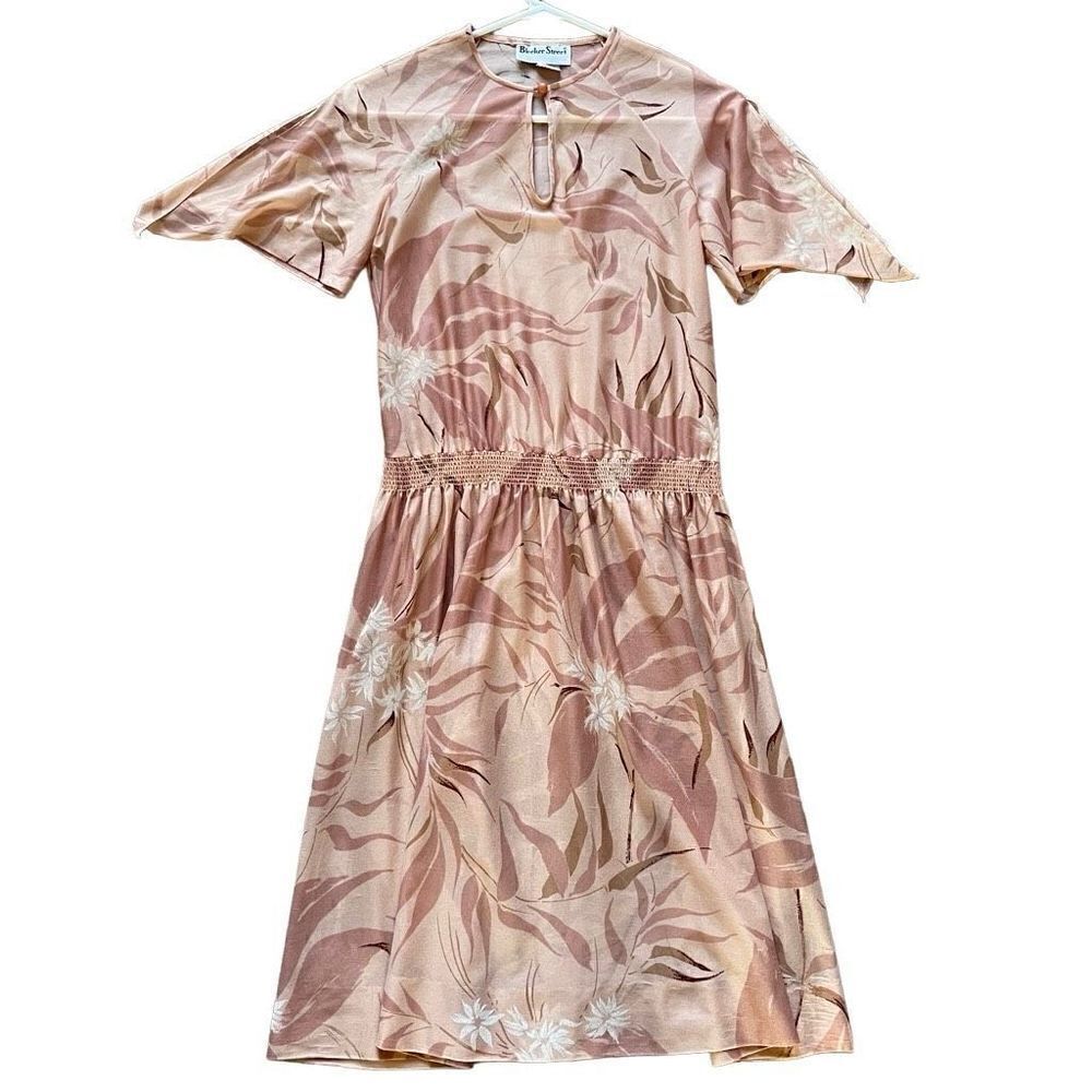 Vintage Bleeker Street Dress Women’s 8 Floral Mauve Keyhole Split Flutter Sleeve